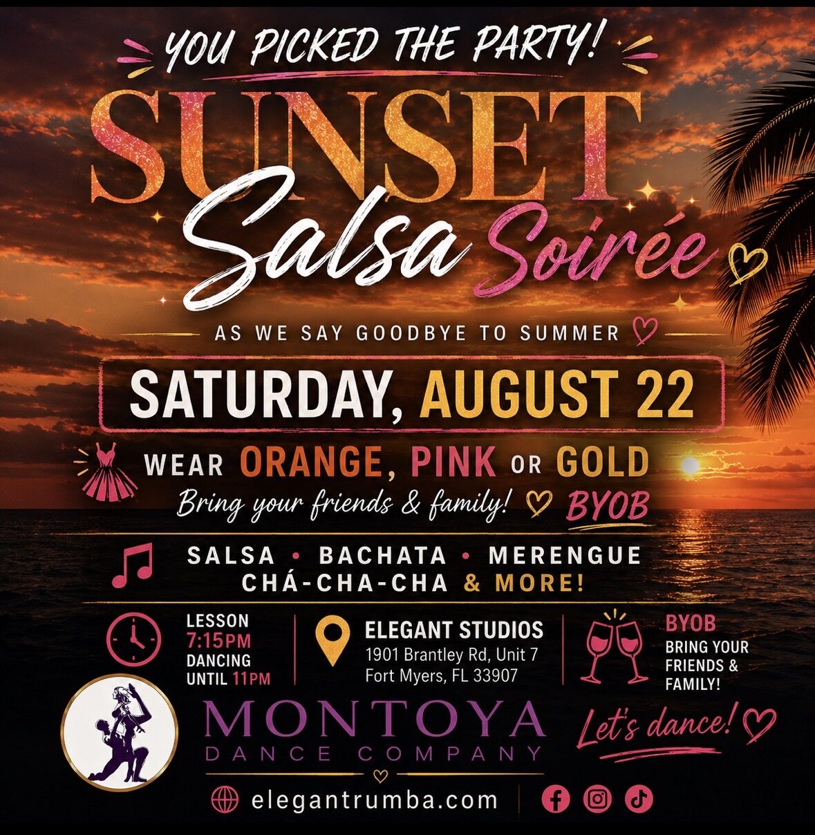 salsa social in fort myers florida on august 22, it's a sunset salsa soiree